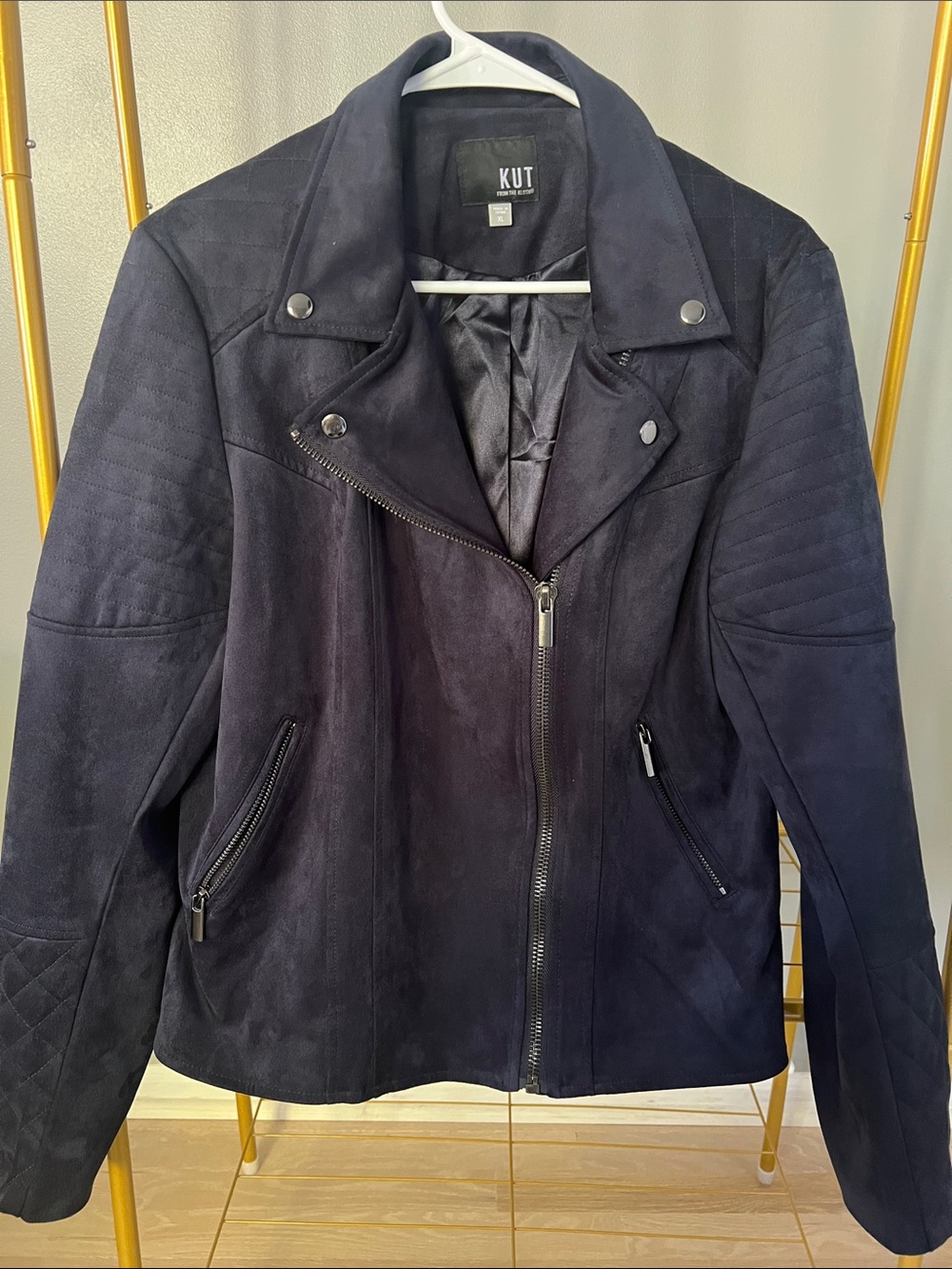 Kut from the Kloth Navy Suede Asymmetrical Zip Moto Jacket